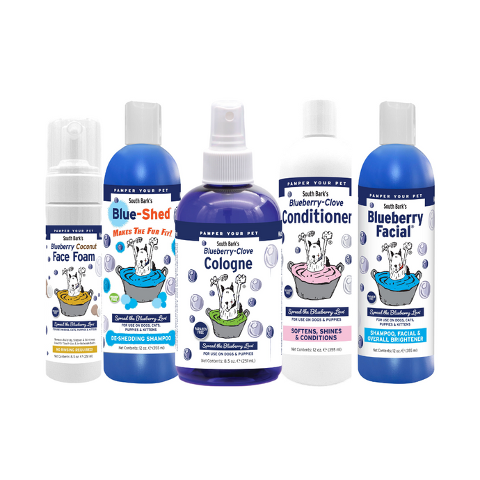 Collection of pet care products including shampoo, cologne, and conditioner on a white background