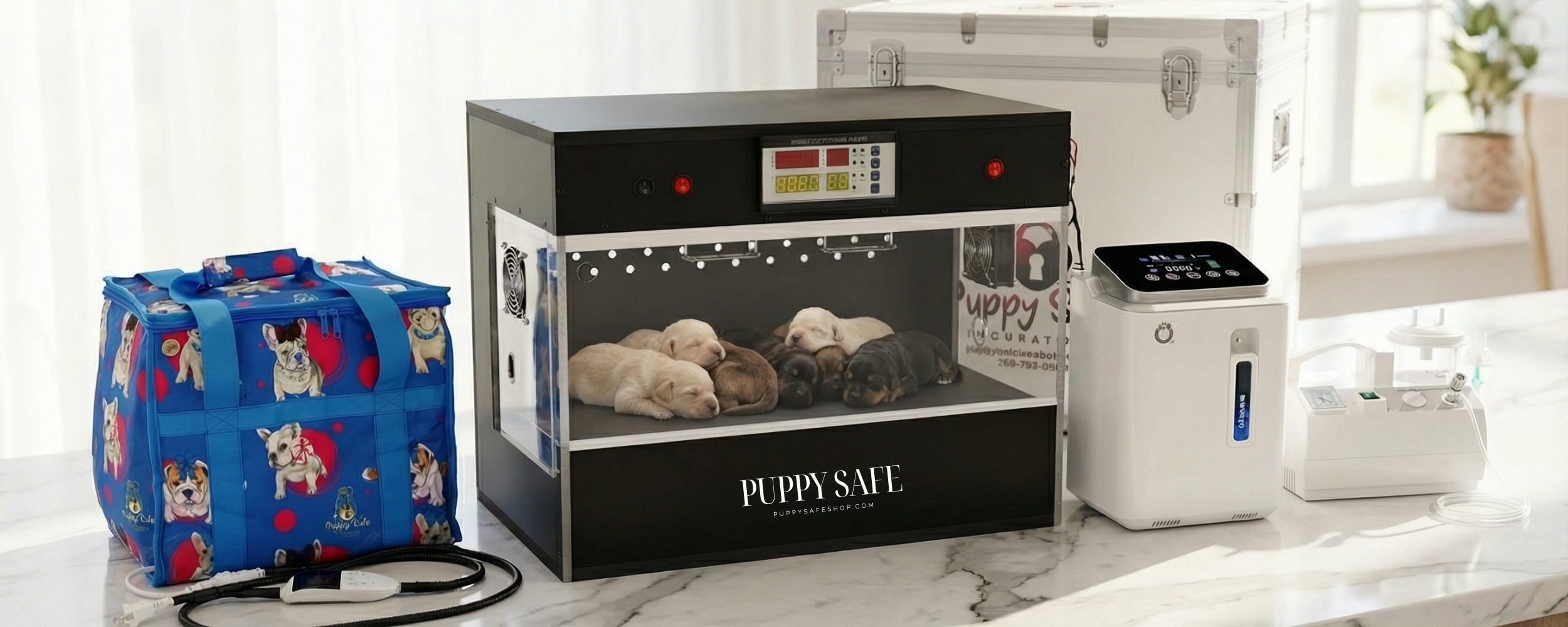 Puppy Safe neonatal puppy incubator with newborn puppies